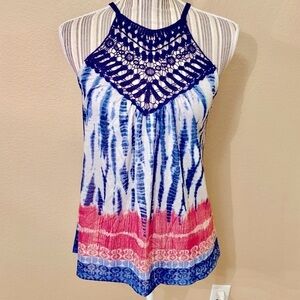 Boho Tank Top Small FANG Red Navy Blue White Crochet Knit Cotton Tie Dye